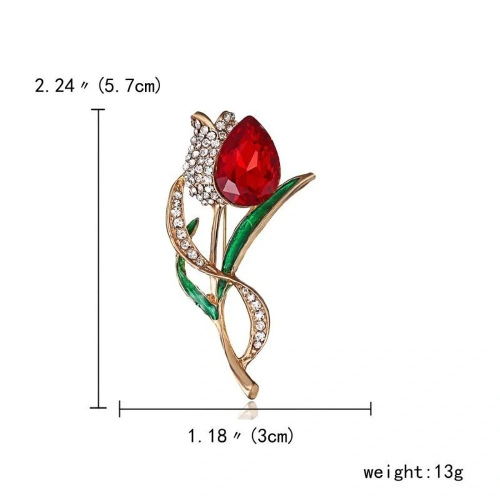 Red Tulip Rhinestone Brooch New